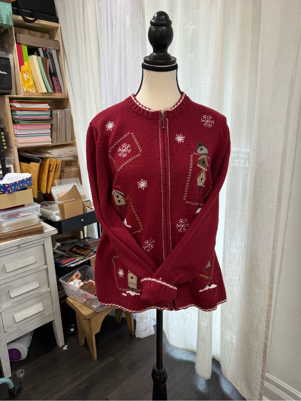 Women's Burgundy Zip-Front Holiday Cardigan Jacket